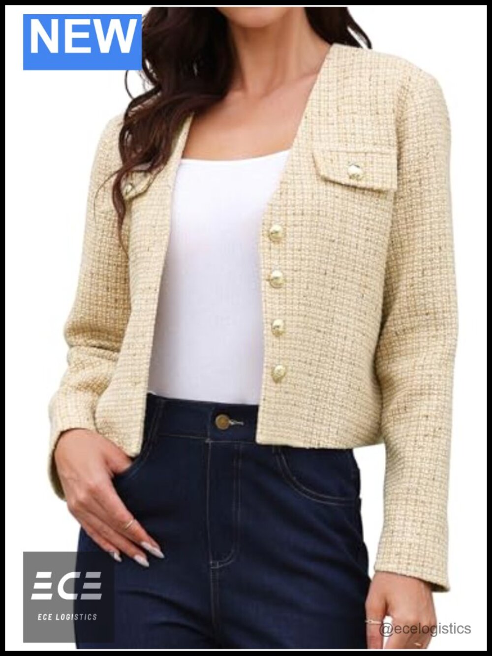 Tweed Blazer Women Collarless Business Casual Cropped Jacket